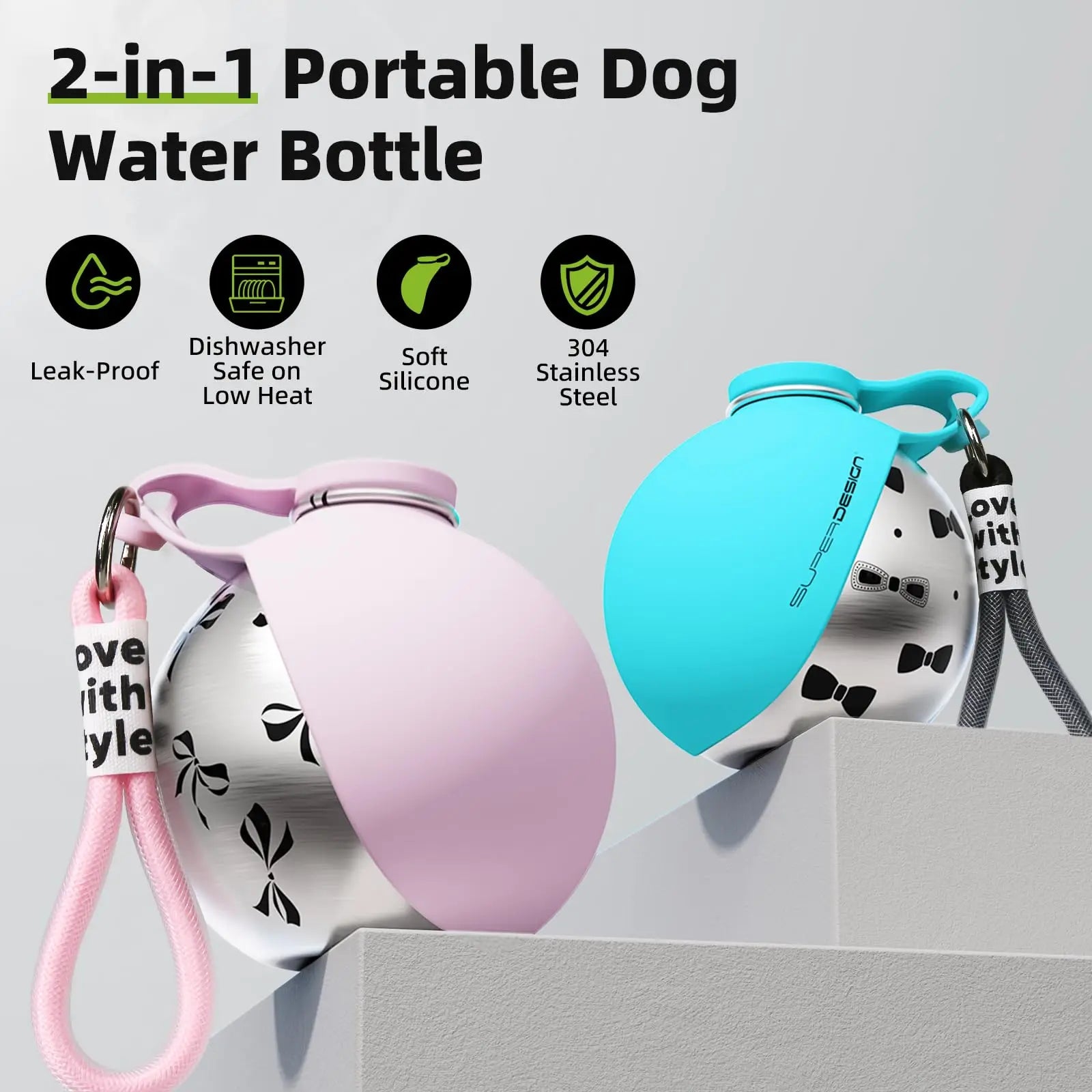 2-in-1 Portable Dog Water Bottle – Leak-Proof Travel Bowl (Stainless Steel)